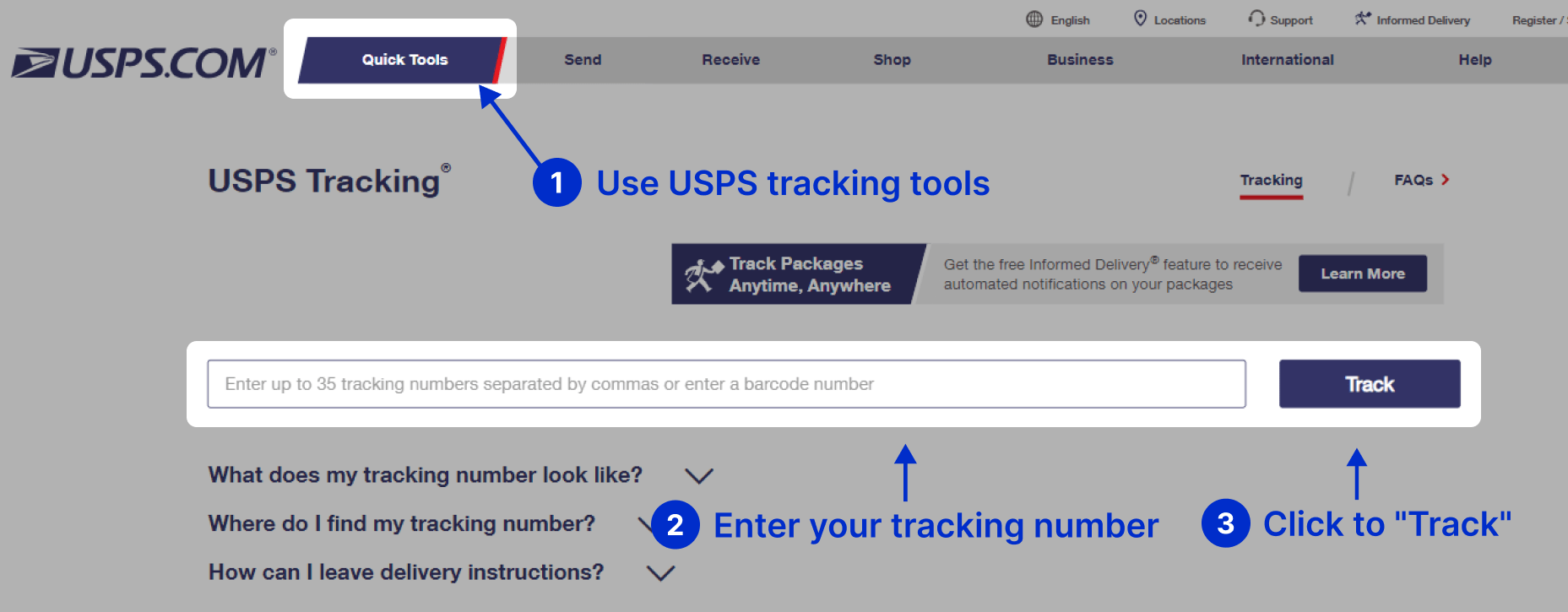 USPS Tracking. Learn how to track packages via USPS official webiste on your computer. Enter your tracking number on the USPS tracking page.